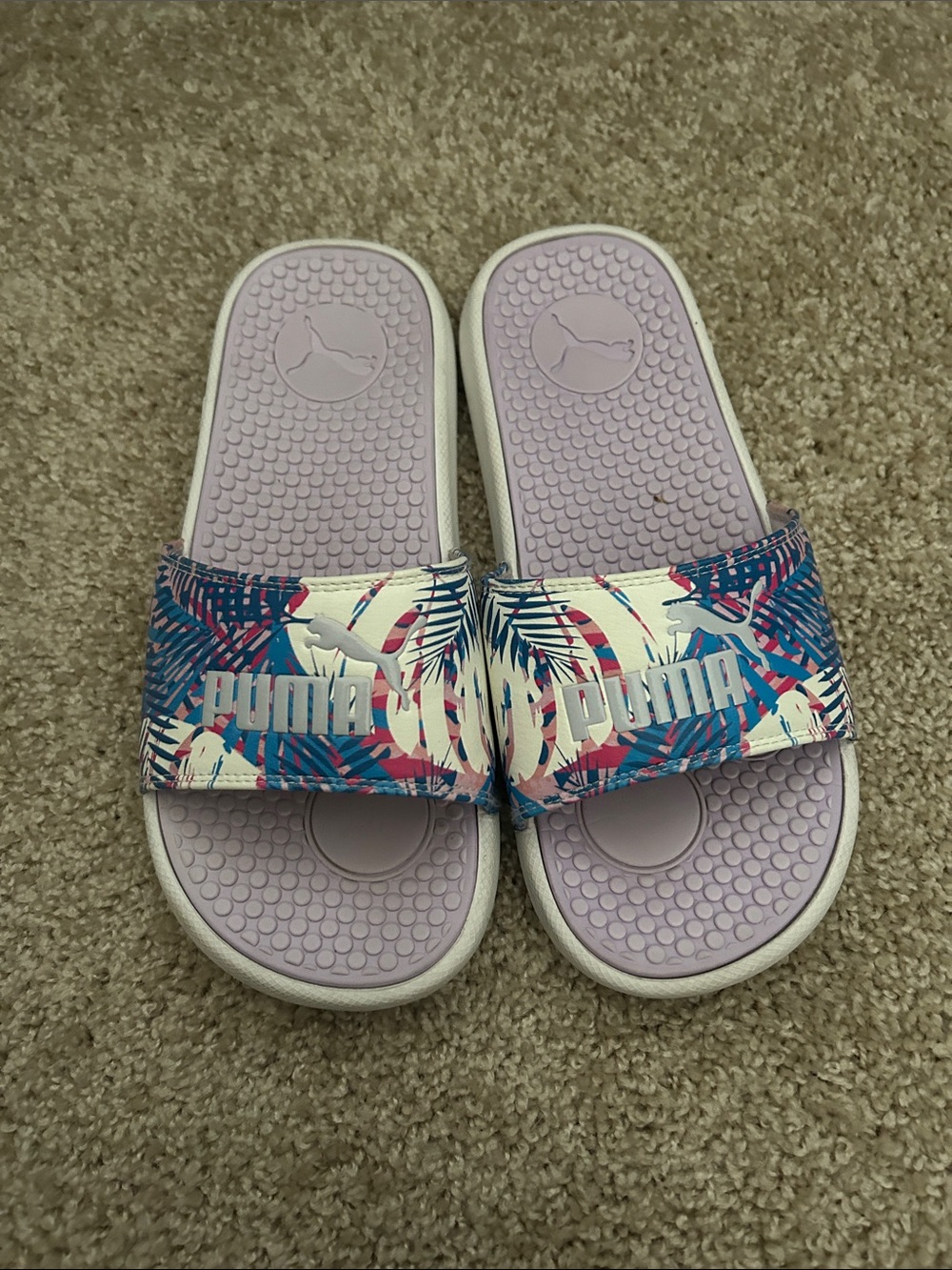 Puma Lavender Footbed Tropical Print Slide Sandals
